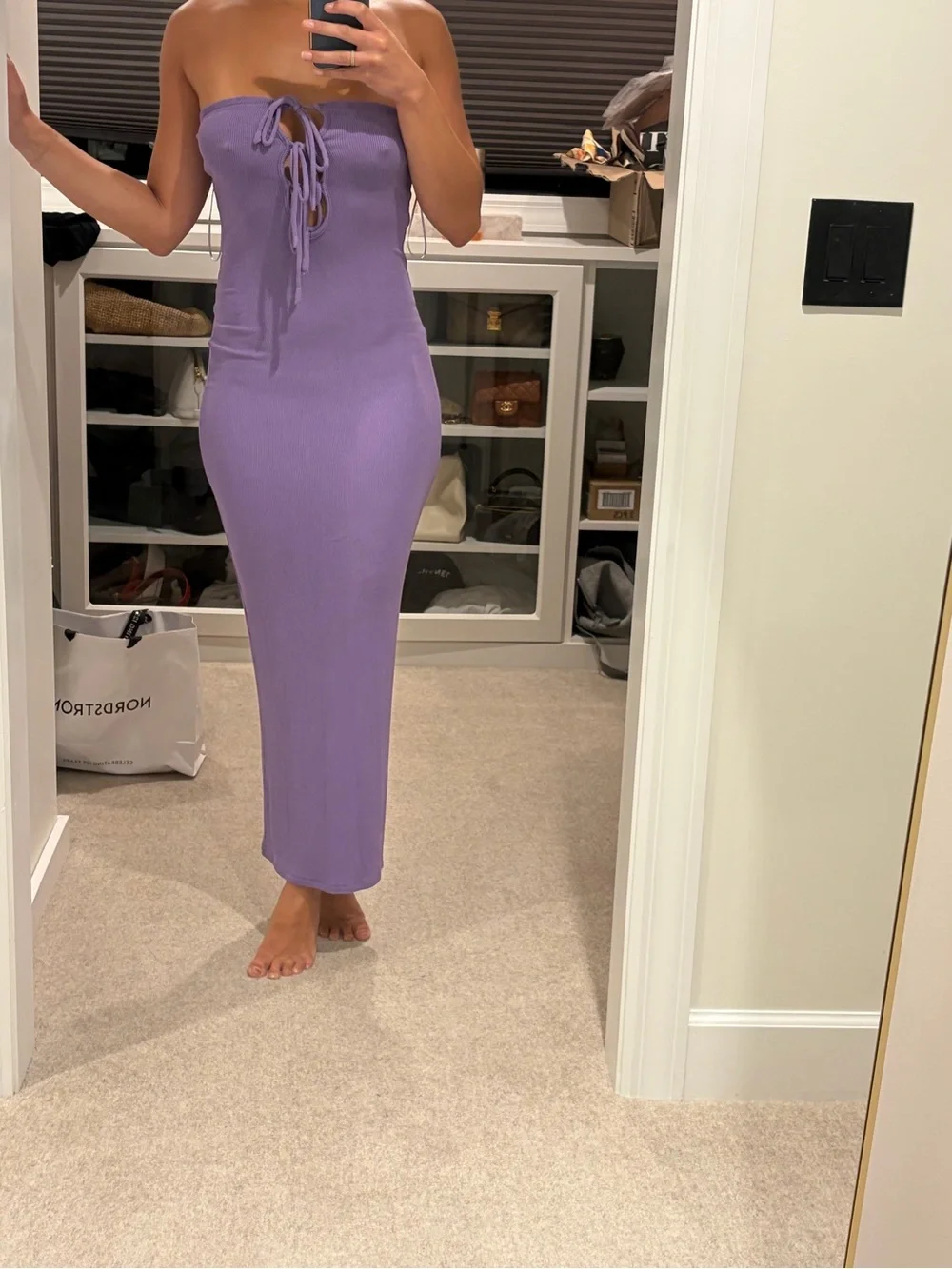 Lioness Strapless Lace-Up Maxi Dress in Purple